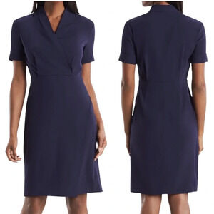 MM Lafleur Tory Dress‎ Blue Crepe Faux Wrap V-neck Knee Length Short Sleeve